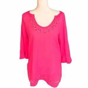 Rafaella Women's Tunic Blouse Top Embroidered Floral Pink Boho Peasant Size M